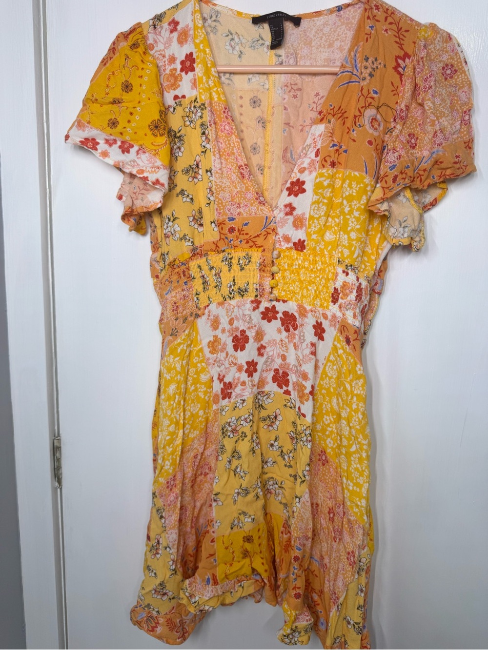 Forever 21 Yellow Floral Patchwork V-Neck Dress